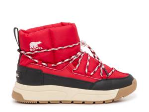Featuring a red Sorel snow boot.