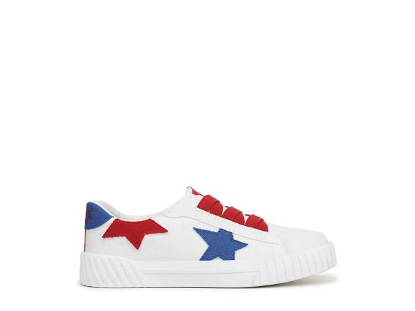 Featuring a kids' red, white and blue sneaker.