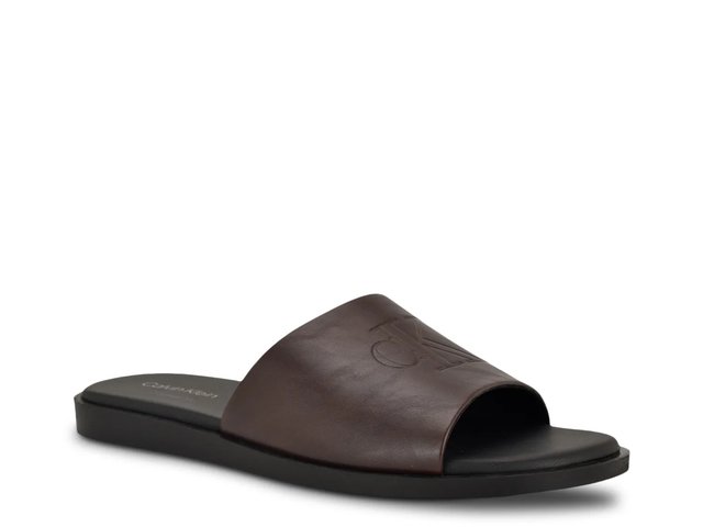 Calvin Klein Brown Leather Slide Sandals Womens Calvin Klein Diona Slip On Flat Slide Sandals, Desert  main image 3