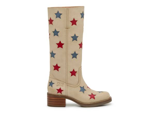 Featuring a red, white and blue Western boot.