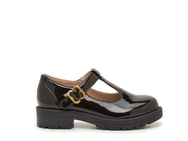 Featuring a girls' black uniform shoe.