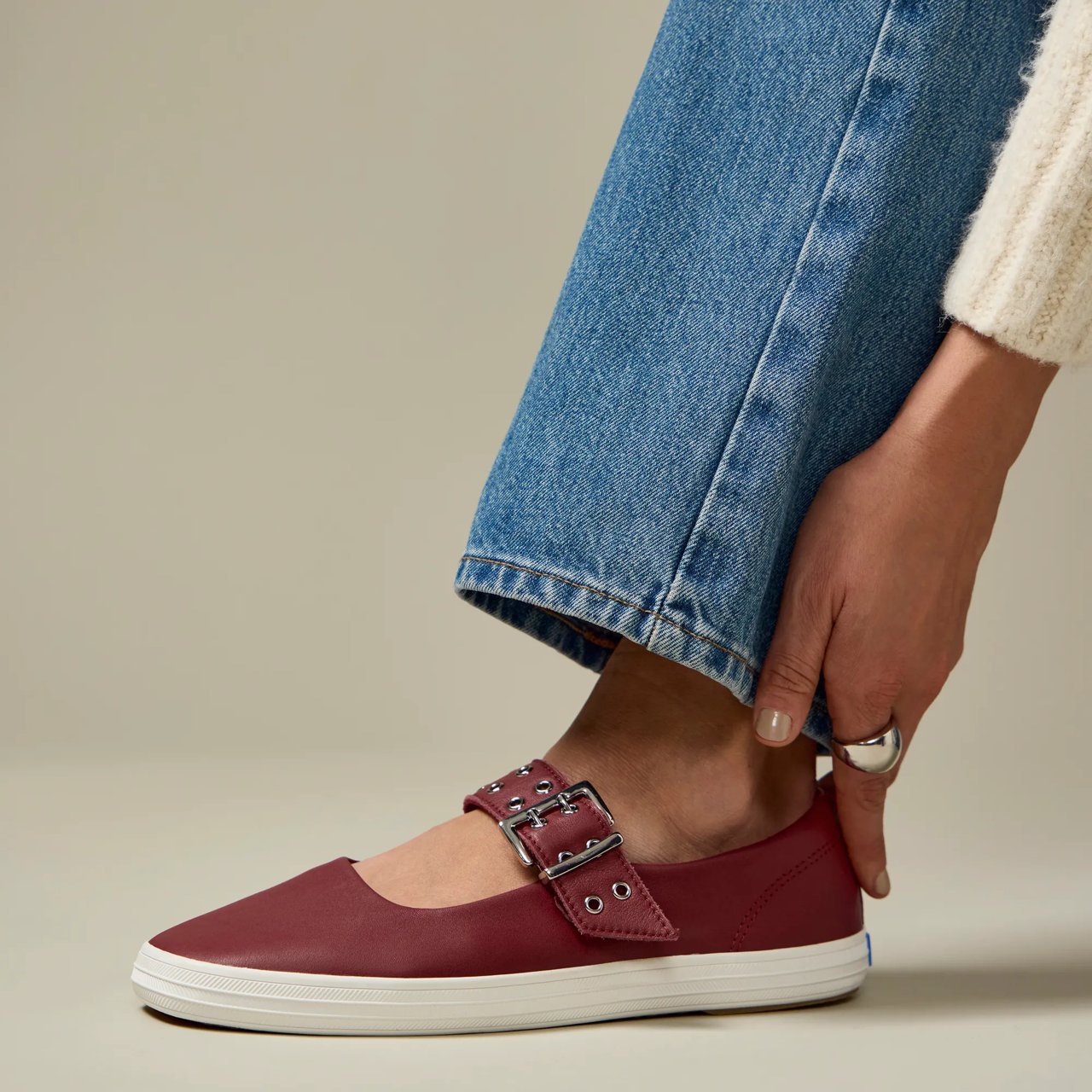 Square Toe Mary Jane Leather Grommet Buckle