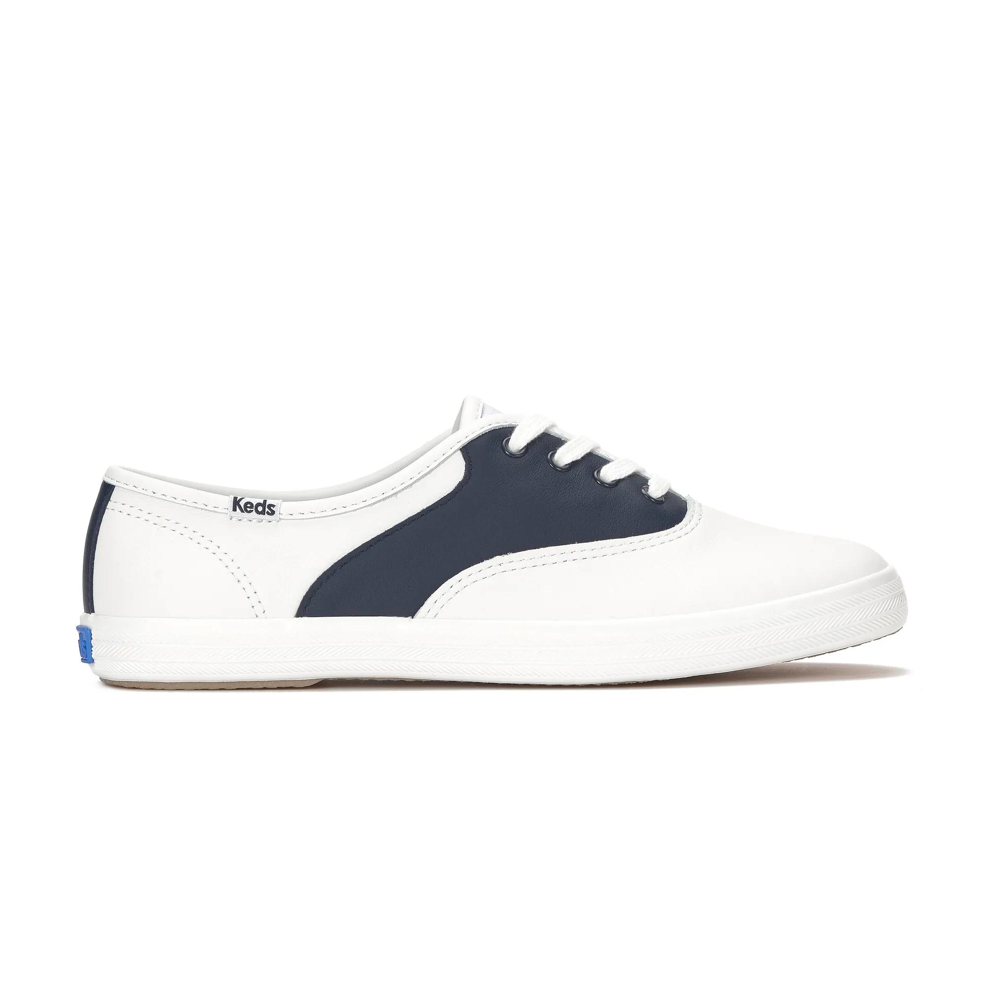 Keds Women's Champion Leather Saddle Lace-Up Sneakers in White/Navy size 10 - W