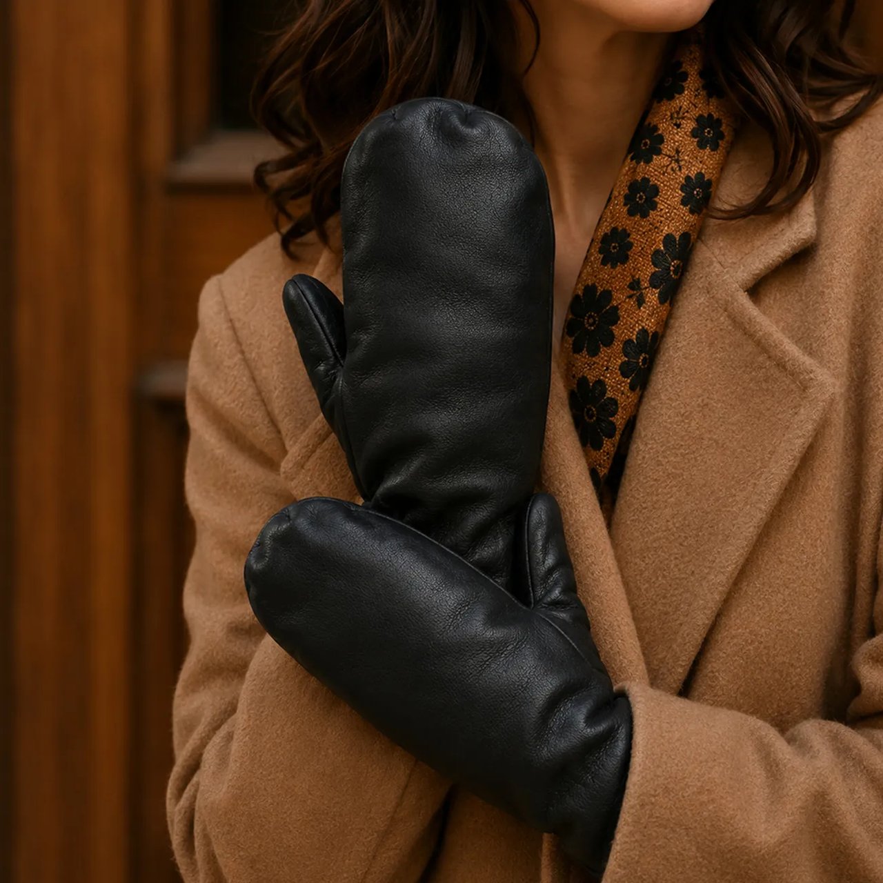 WOMENS' MITTEN WITH FAUX FUR LINING BLACK LEA