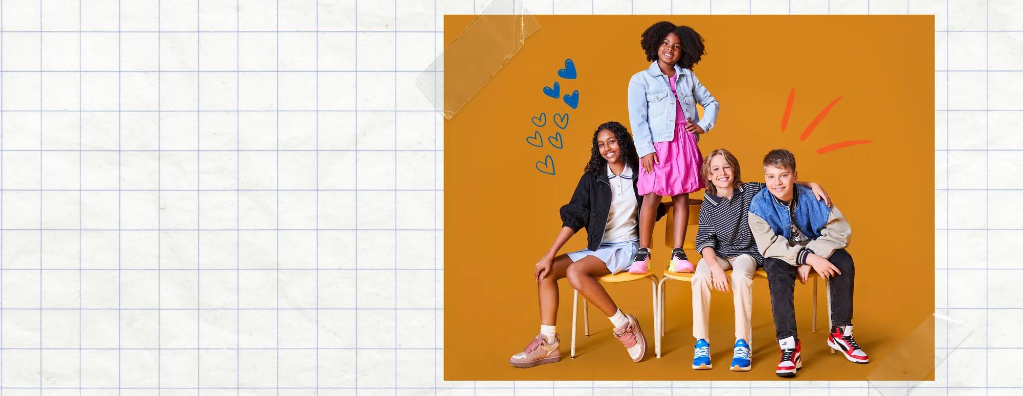 Back to School with DSW promotional banner showing four smiling kids in trendy outfits and sneakers against an orange background, with playful doodles like hearts and lines. Text reads 'Make Believe Happen' and 'In the right shoes, anything’s possible,' alongside a button labeled 'The Back to School Shop.'
