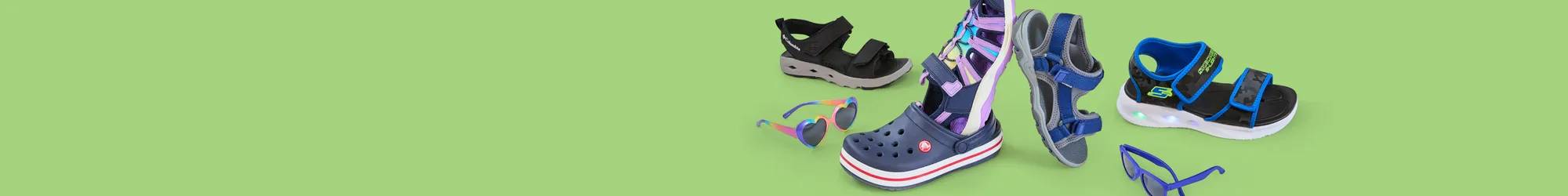 Different kids' sandals and a pair of sunglasses