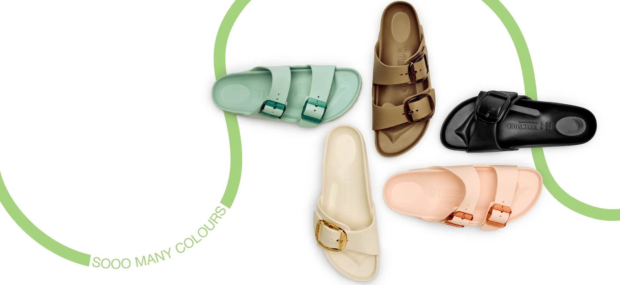 5 different coloured Birkenstock sandals