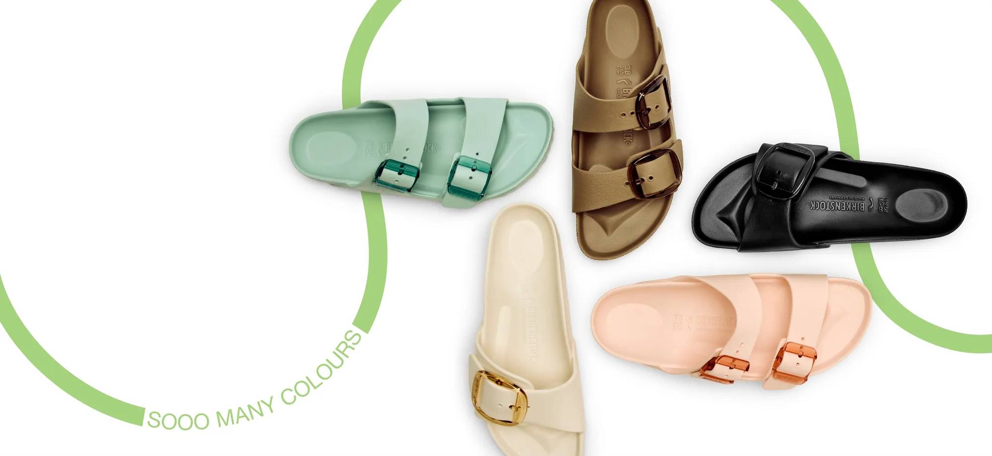 5 different coloured Birkenstock sandals