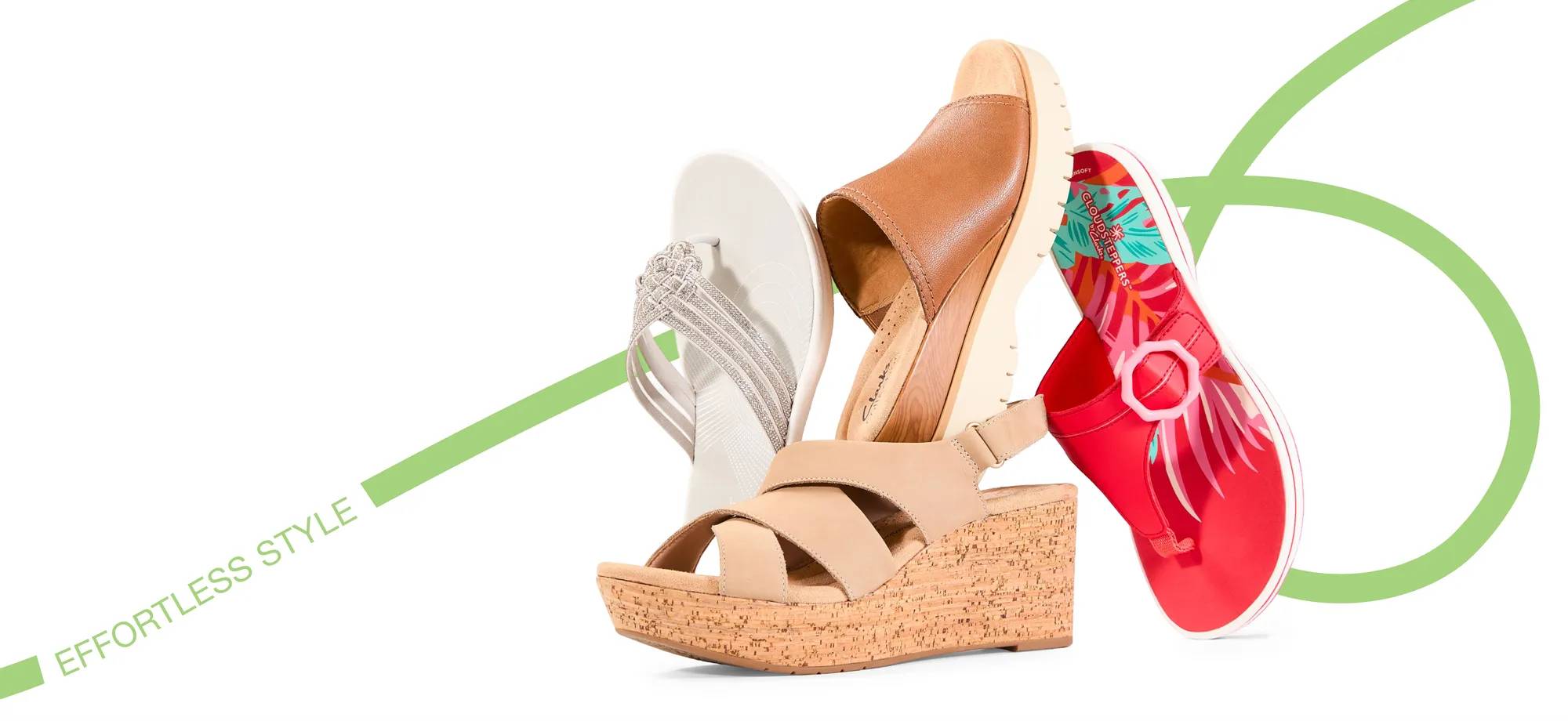 4 different Clarks sandals including platform sandals and flip flops