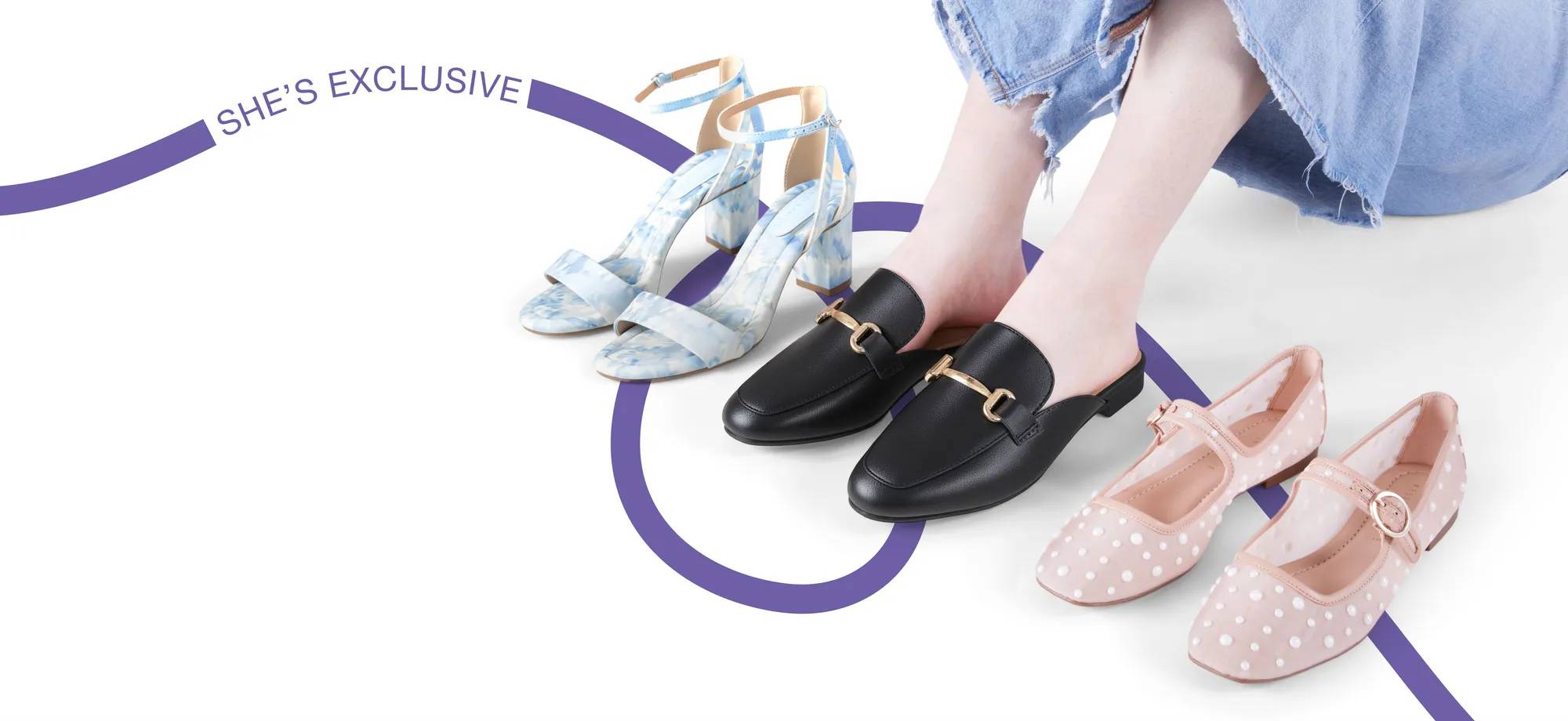 Person wearing black loafers with pink flats and light blue heeled sandals on either side of them