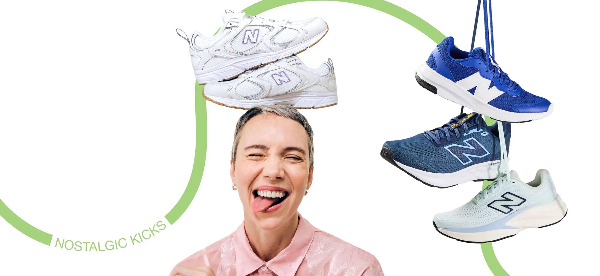 Model with tongue sticking out with white New Balance sneakers on their head