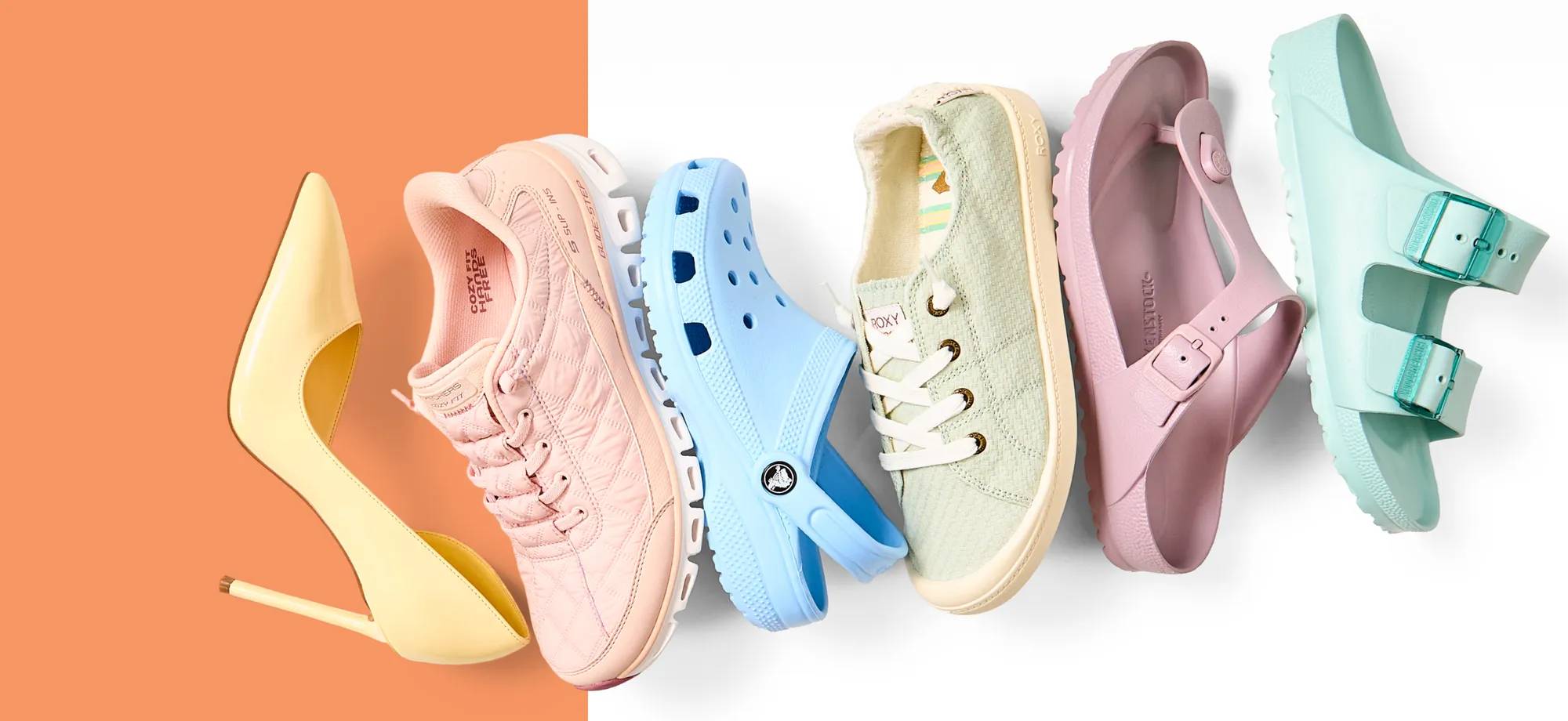 6 different pastel coloured shoes