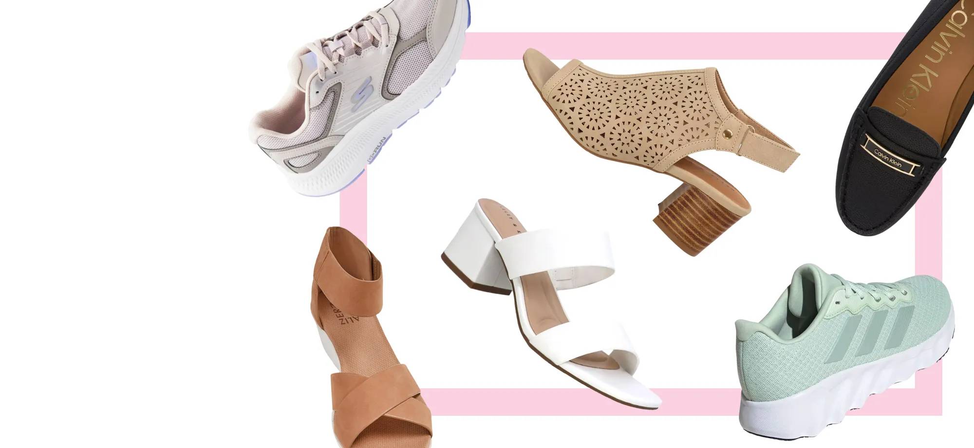 Different kinds of shoes laid out including running shoes, heels, and loafers