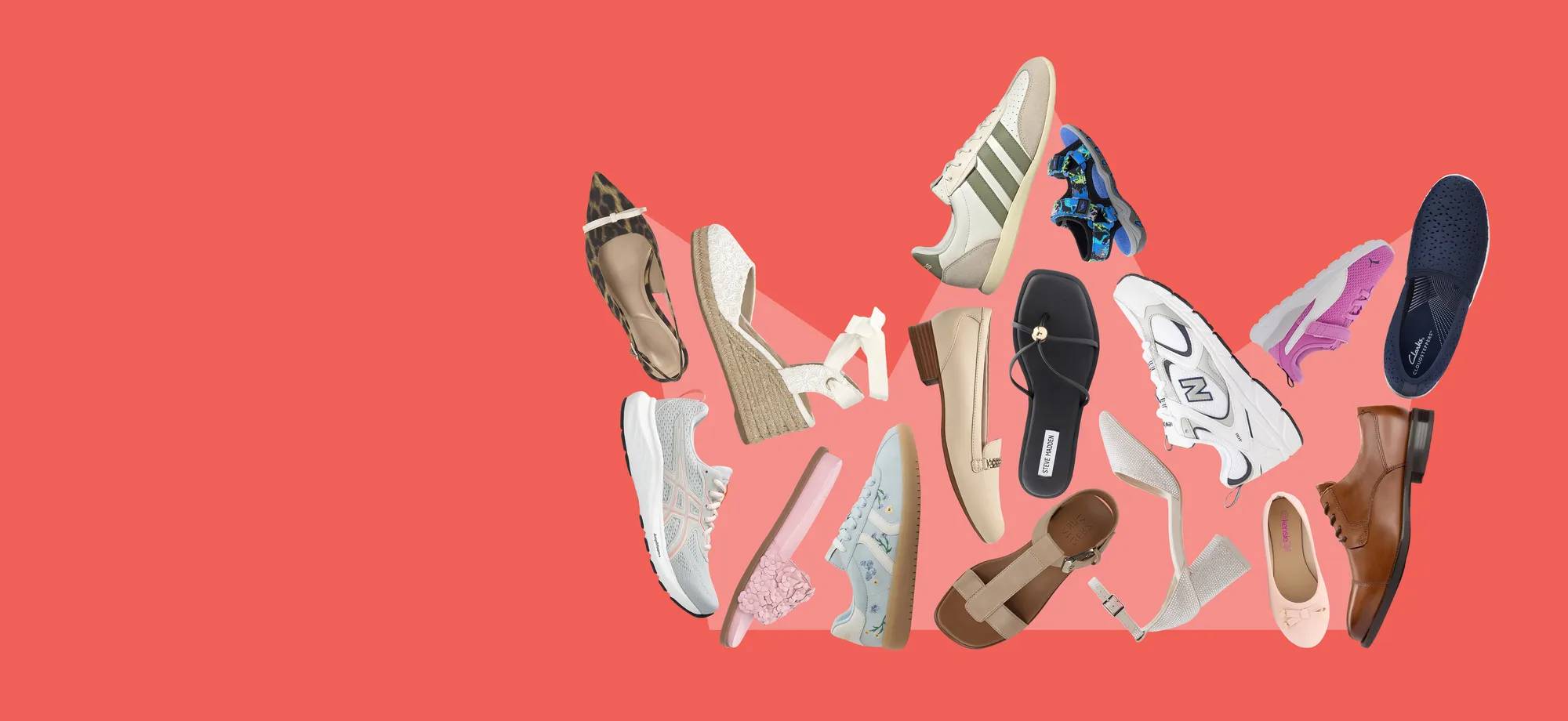 Variety of different shoes forming the shape of a crown on a red-salmon background
