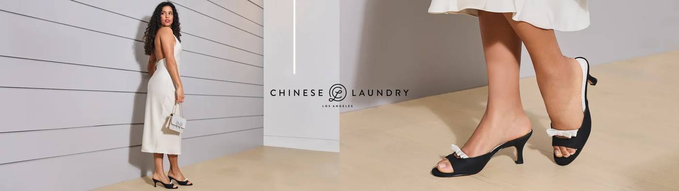 Women model elegant black heeled sandals from Chinese Laundry while wearing ivory and cream dresses; one walks indoors, another poses against a light gray wall, and a close-up emphasizes the texture and open-toe design of the heel.