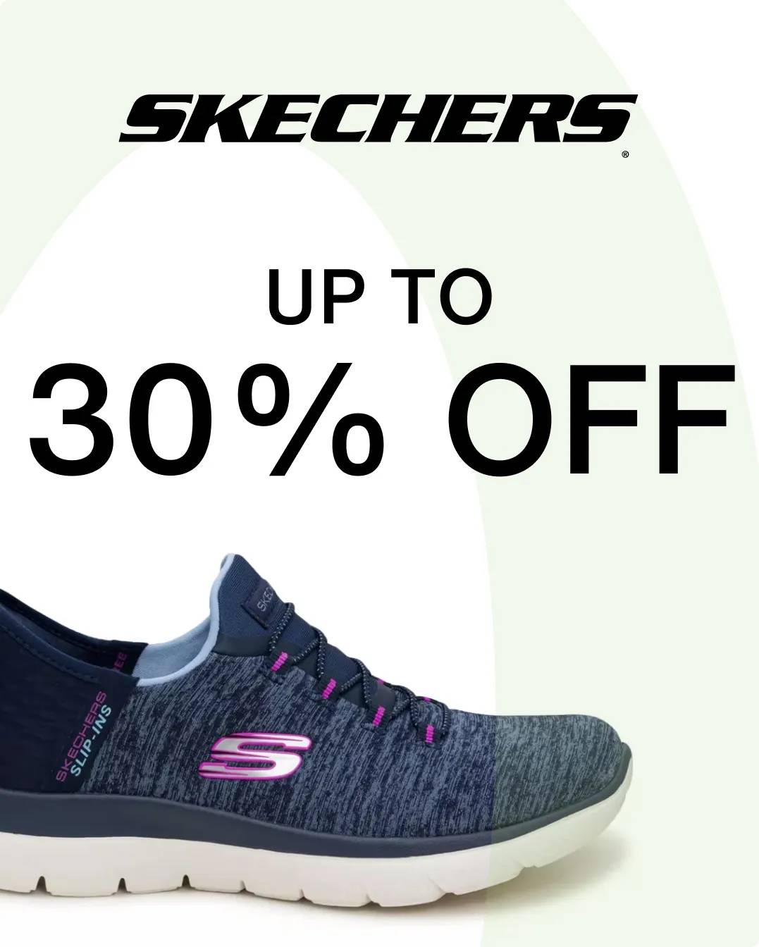 Skechers Logo "Up to 30% off" with navy sneaker