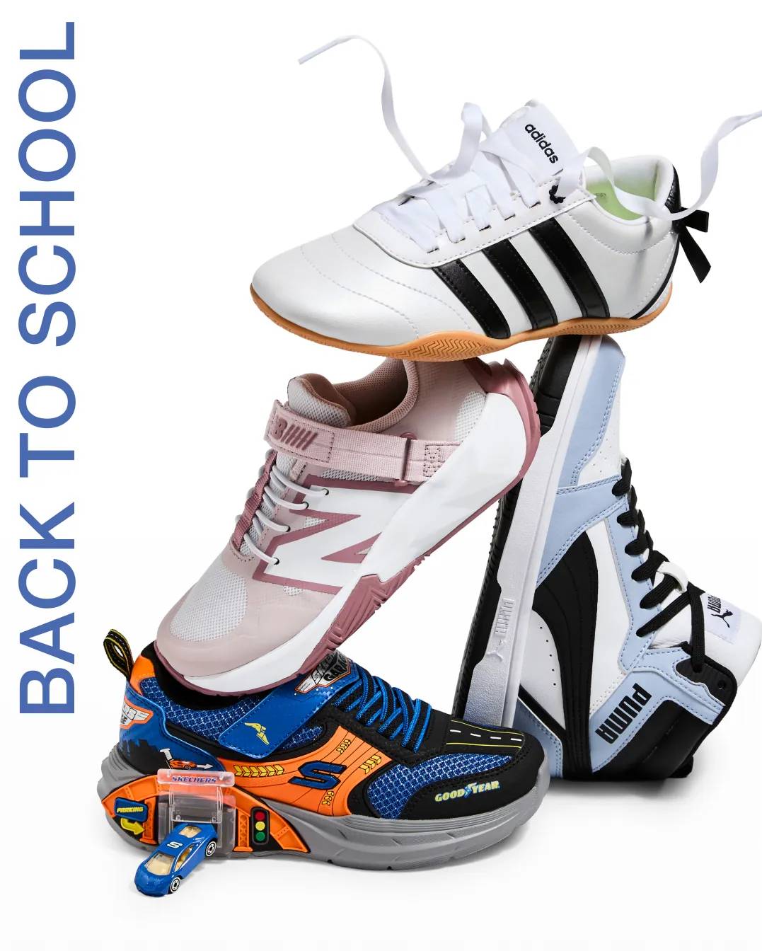 4 different sneakers stacked on top of each other