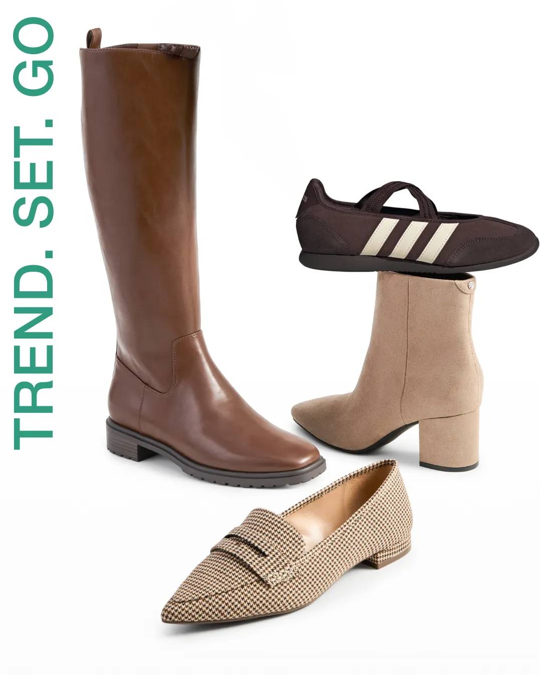 Brown tall boot, brown sneakerina, beige heeled bootie, and a loafer
