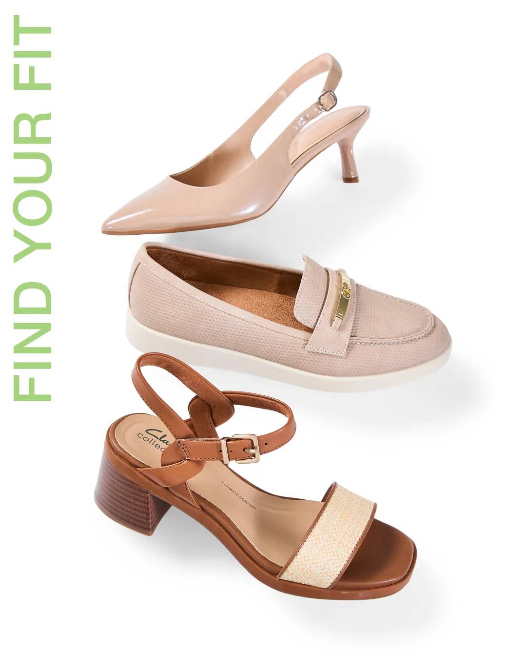 wide-width beige slingback heel, loafer, and block sandal