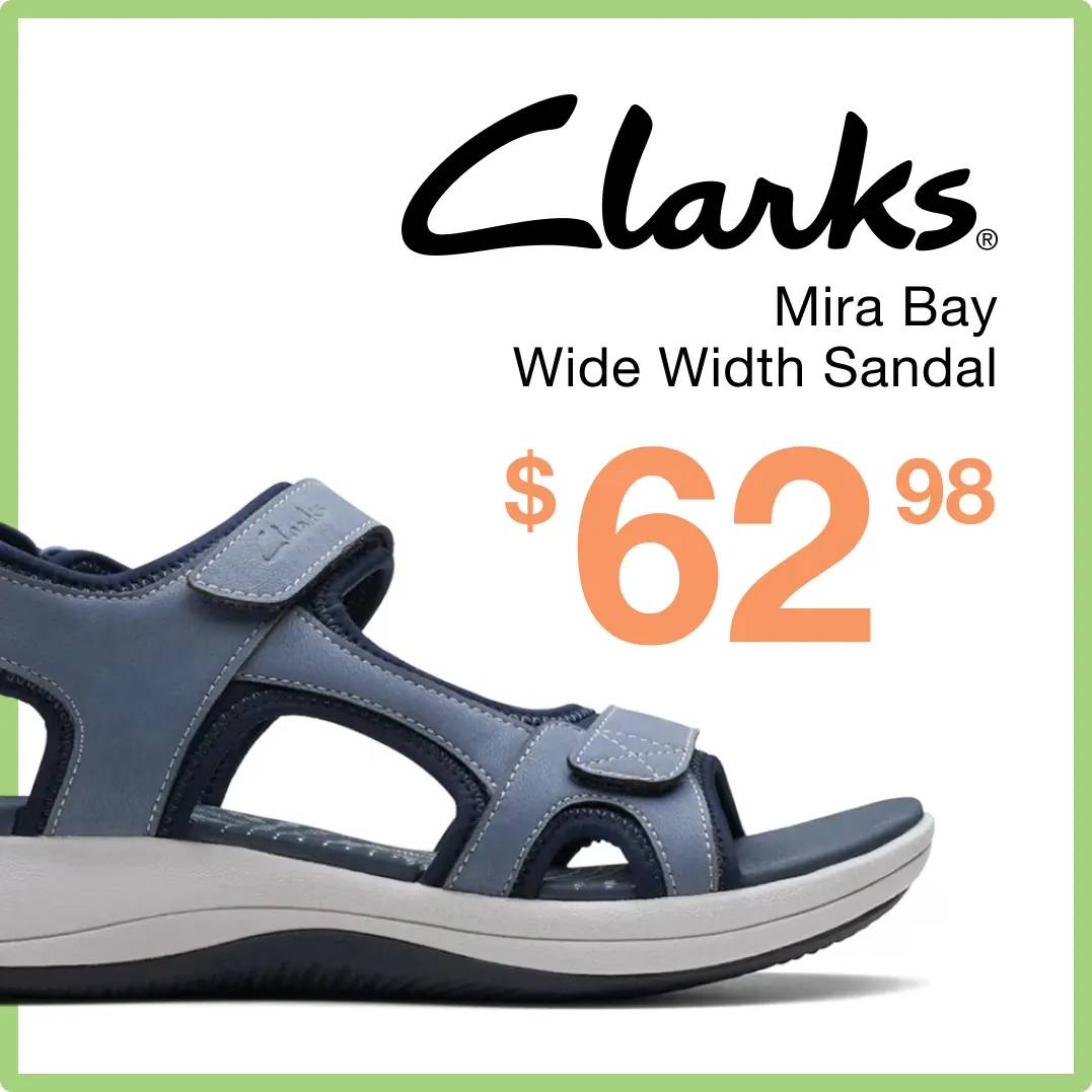 Clarks logo "Mira Bay Wide Width Sandal" with the sandal in blue