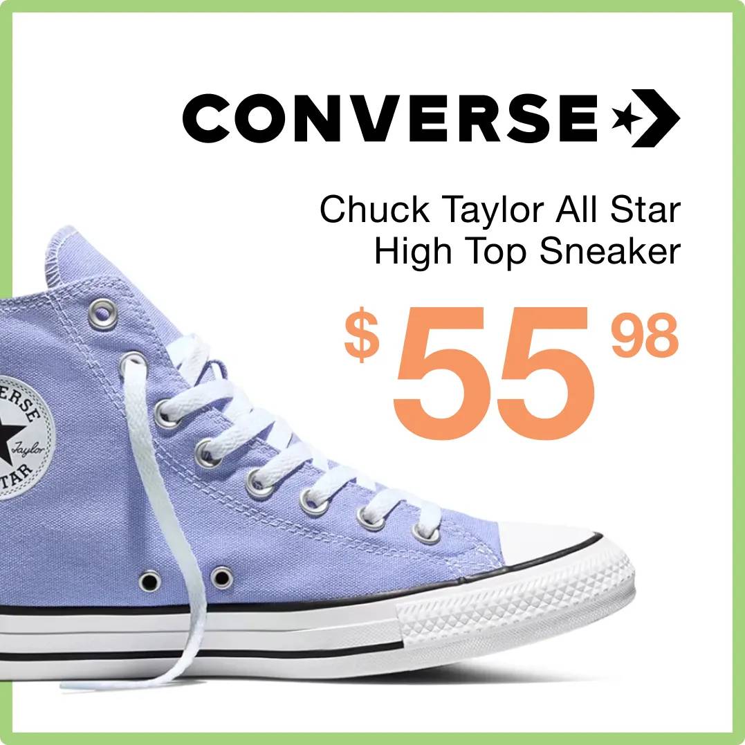 Converse logo "Chuck Taylor All Star High Top Sneaker $63.98" with the sneaker in baby blue