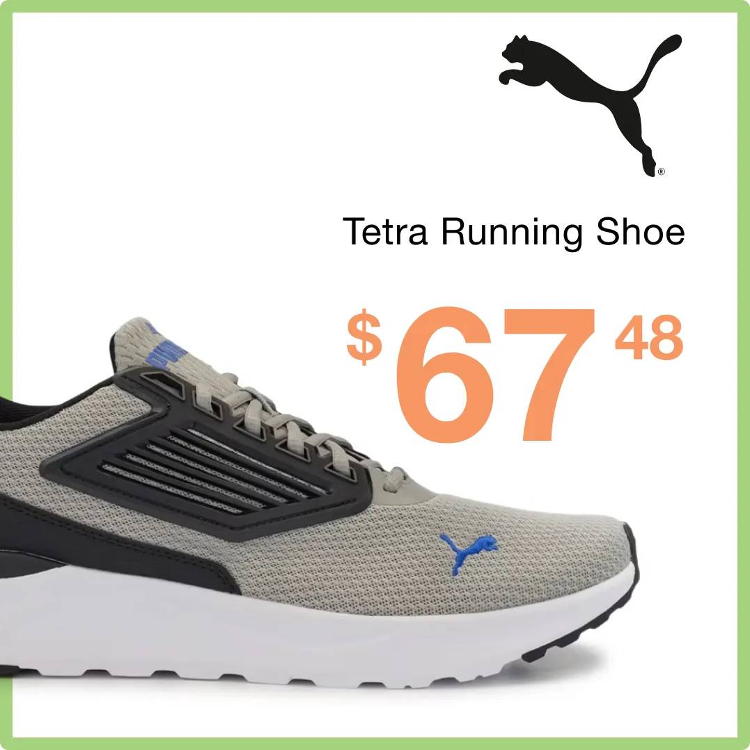 PUMA Logo "Tetra Running Shoe $67.48" with the sneaker in grey