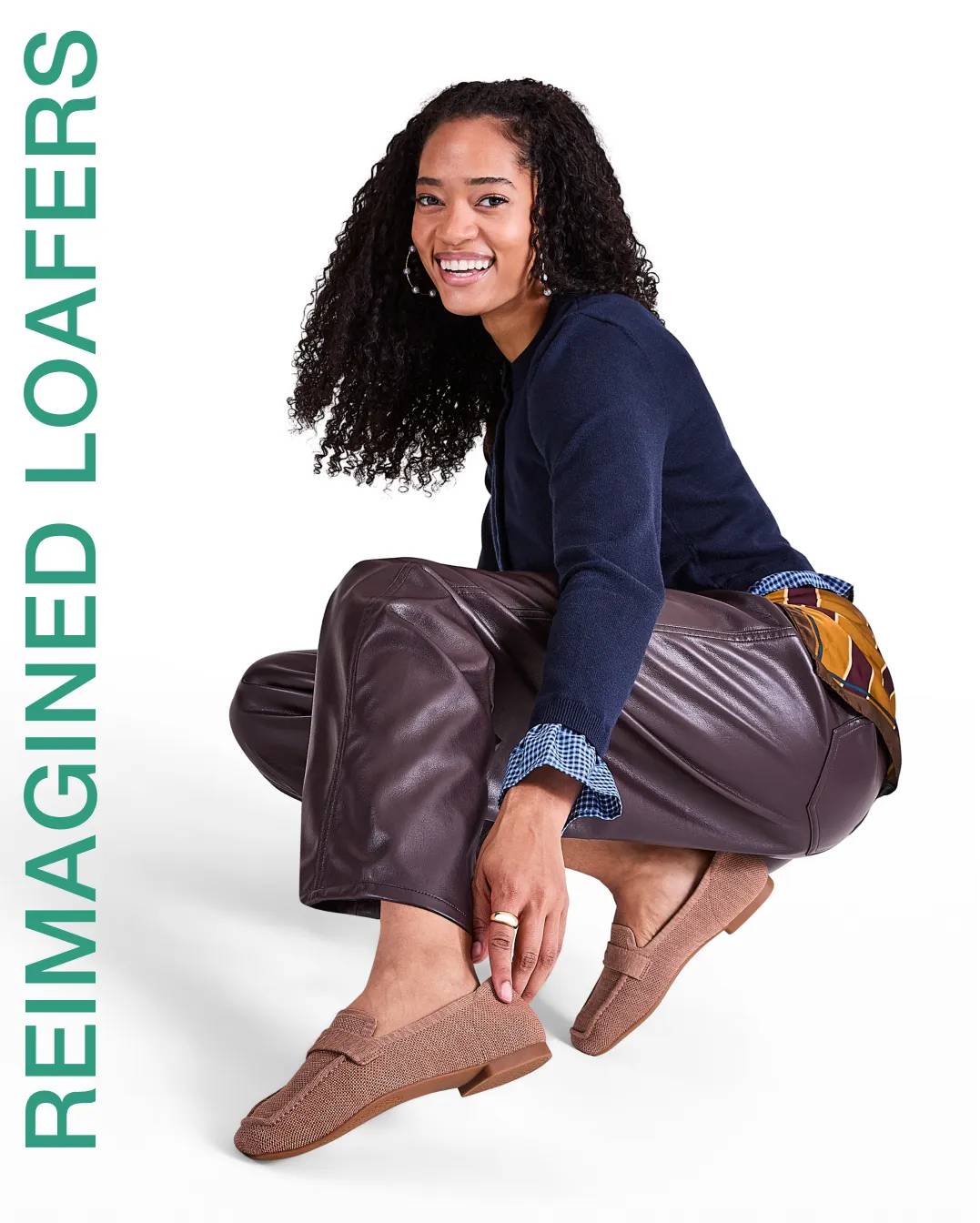 Woman wearing tan loafers