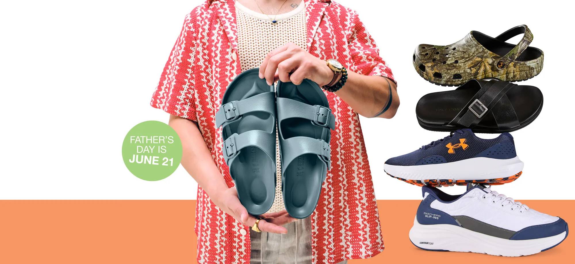 Assortment of sandals, clogs, and sneakers