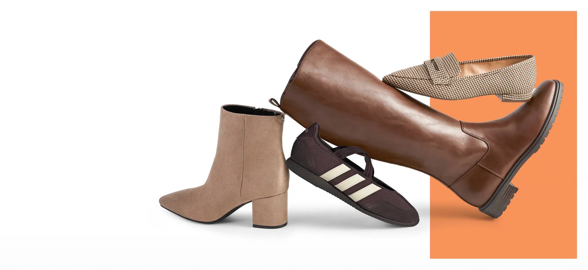 Brown tall boot, brown sneakerina, beige heeled bootie, and a loafer