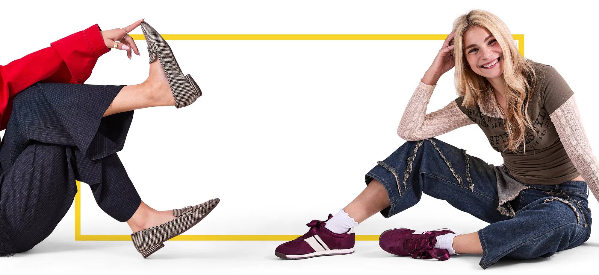 Woman sitting down wearing burgundy sneakers