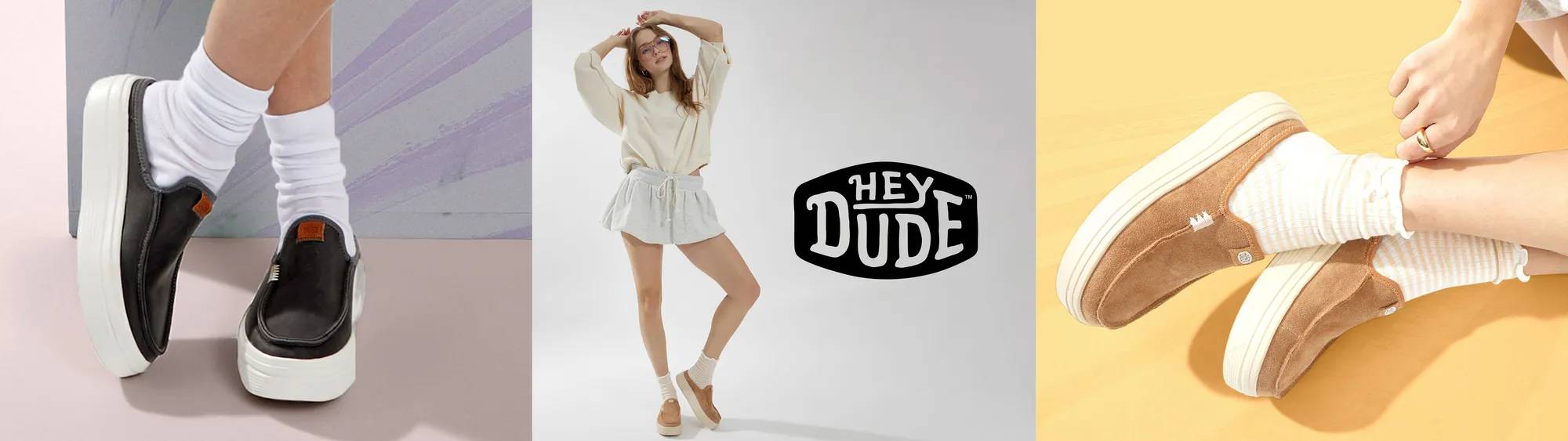 Models wear casual outfits like sweatshirts and skirts or shorts while showcasing beige and brown Hey Dude slip-on shoes; one close-up shows cozy brown canvas sneakers paired with socks, all presented in playful, pastel studio settings.