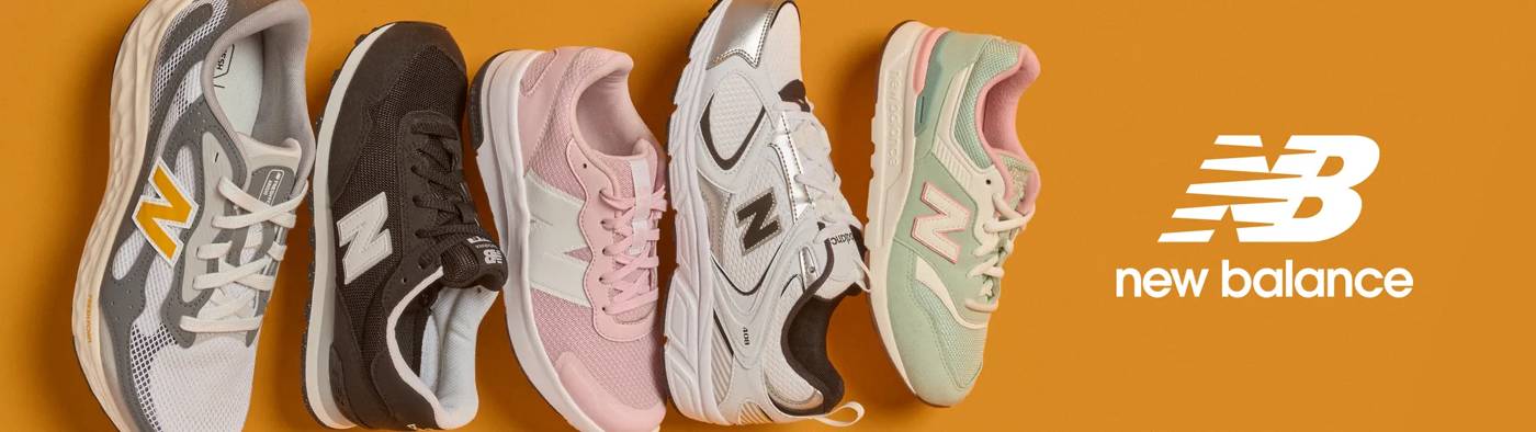 5 different New Balance sneakers in different colours on an orange background