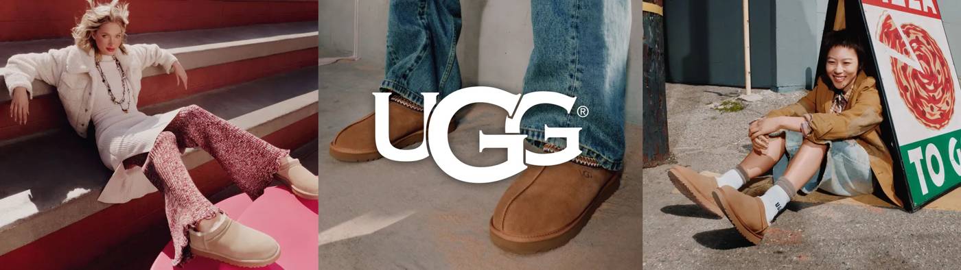 Woman wearing light beige UGG booties