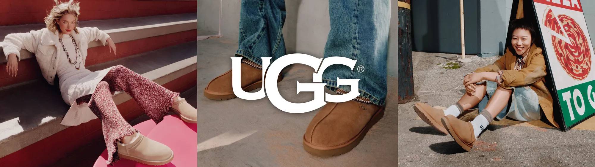 Woman wearing light beige UGG booties