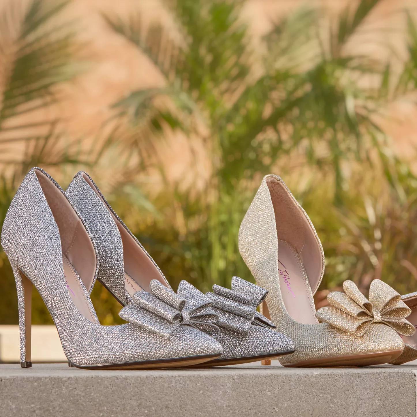 Featuring women's gold heels.