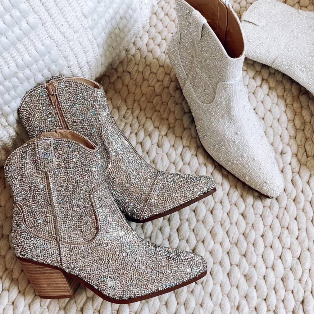 Featuring an assortment of women's sparkly boots.