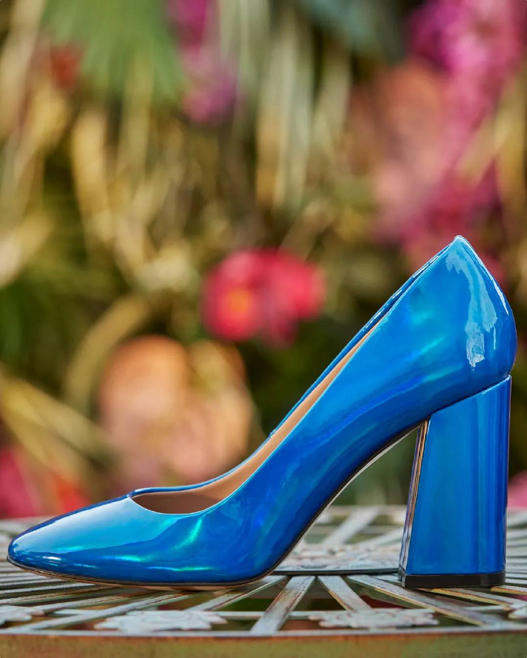 Featuring a women's blue high heel