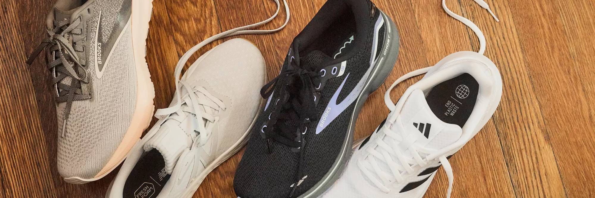 An assortment of running shoes displayed