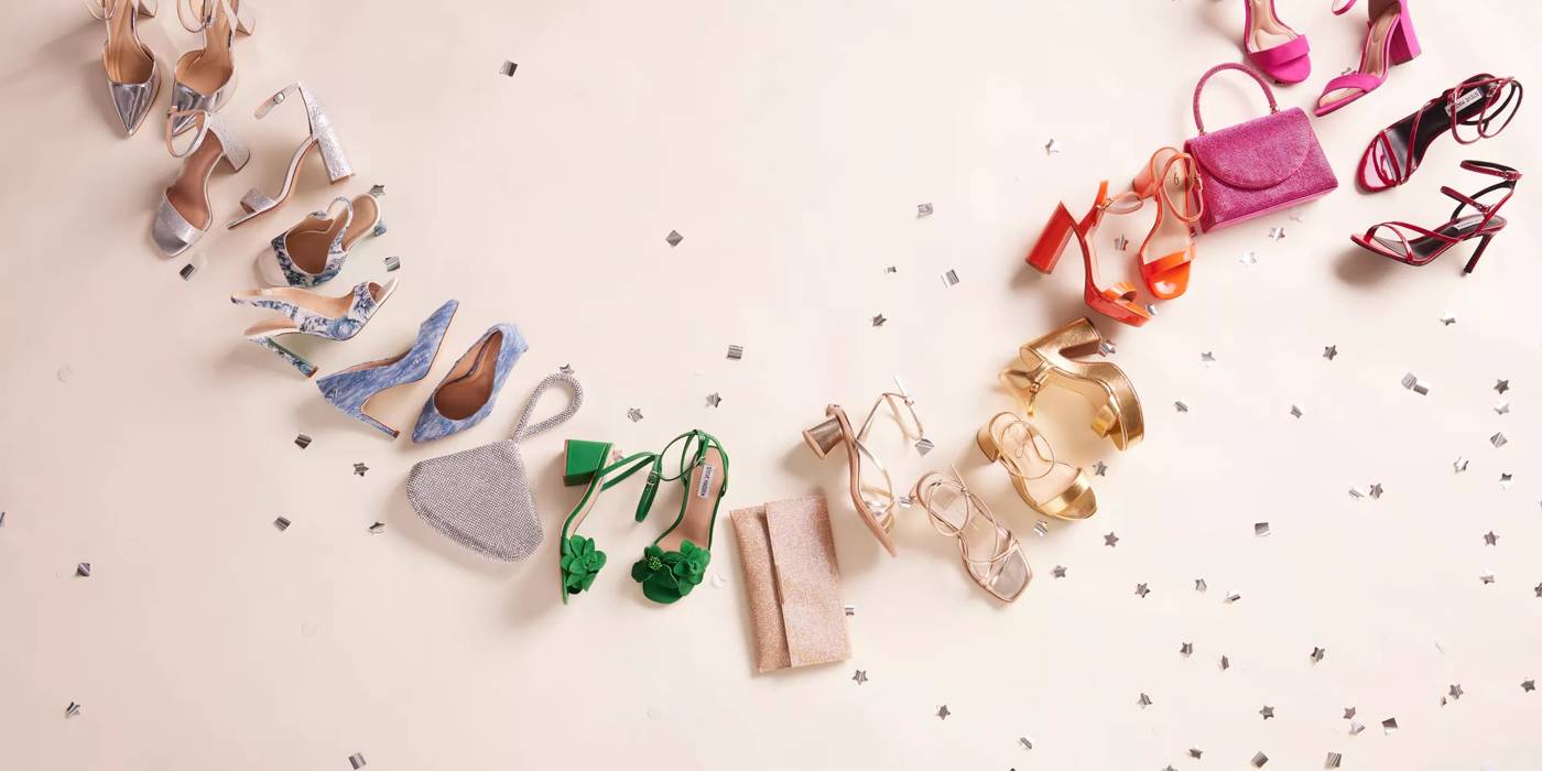 An assortment of colorful heels and handbags for prom