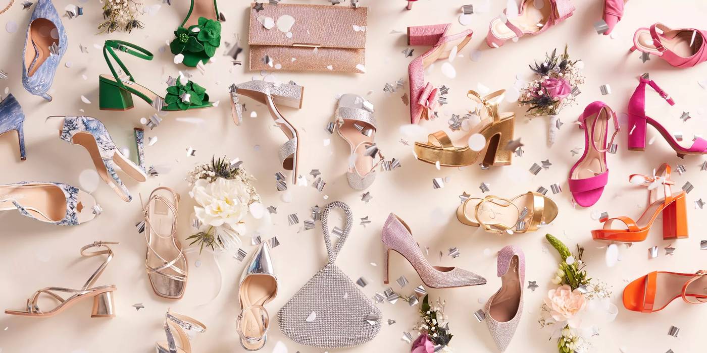 Various colorful prom shoes and handbags