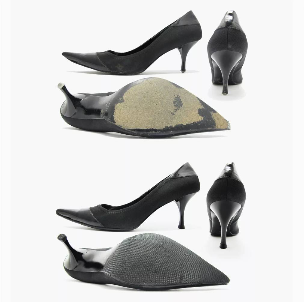Featuring a before and after photo of high heels