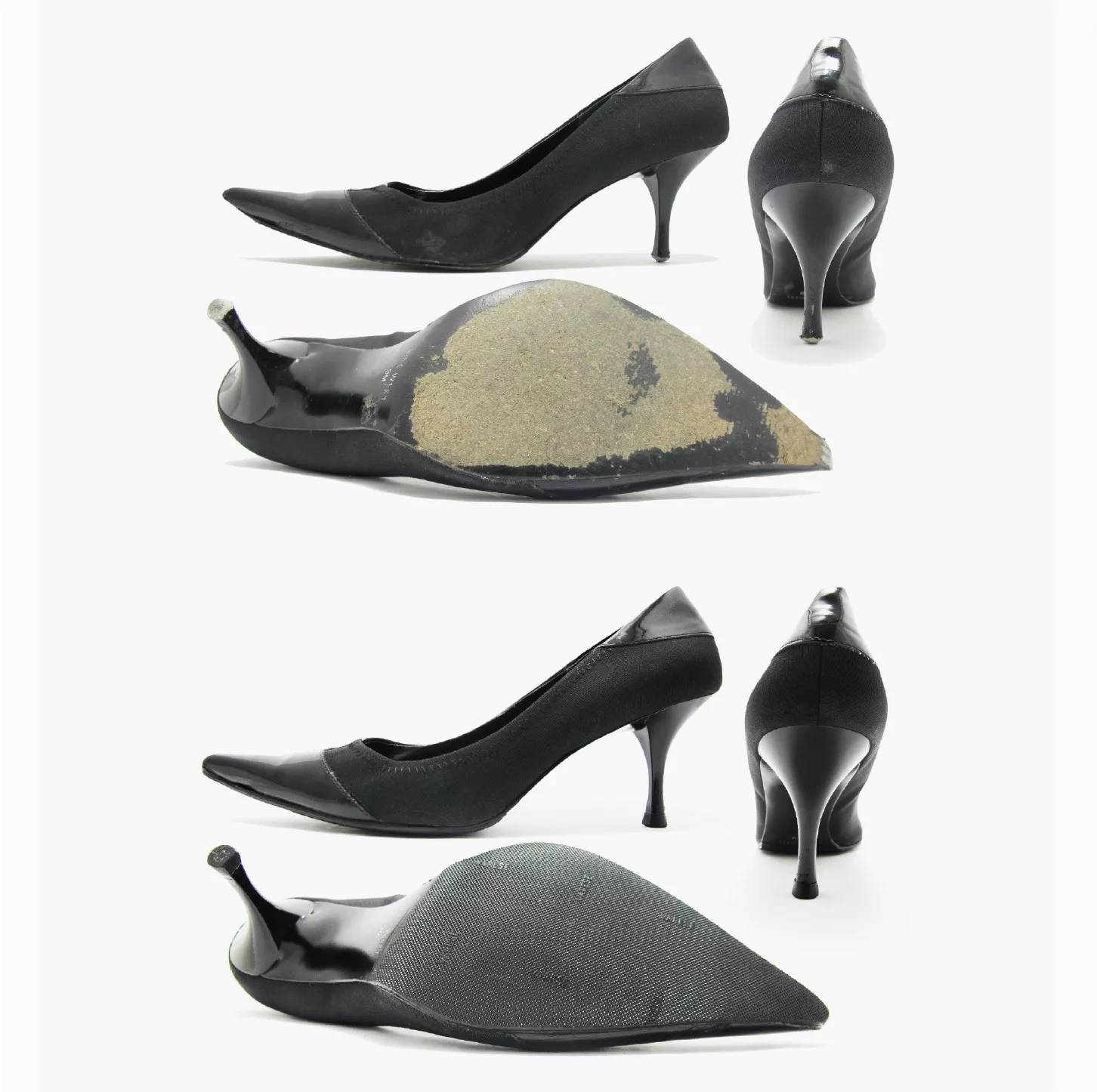 Featuring a before and after photo of high heels