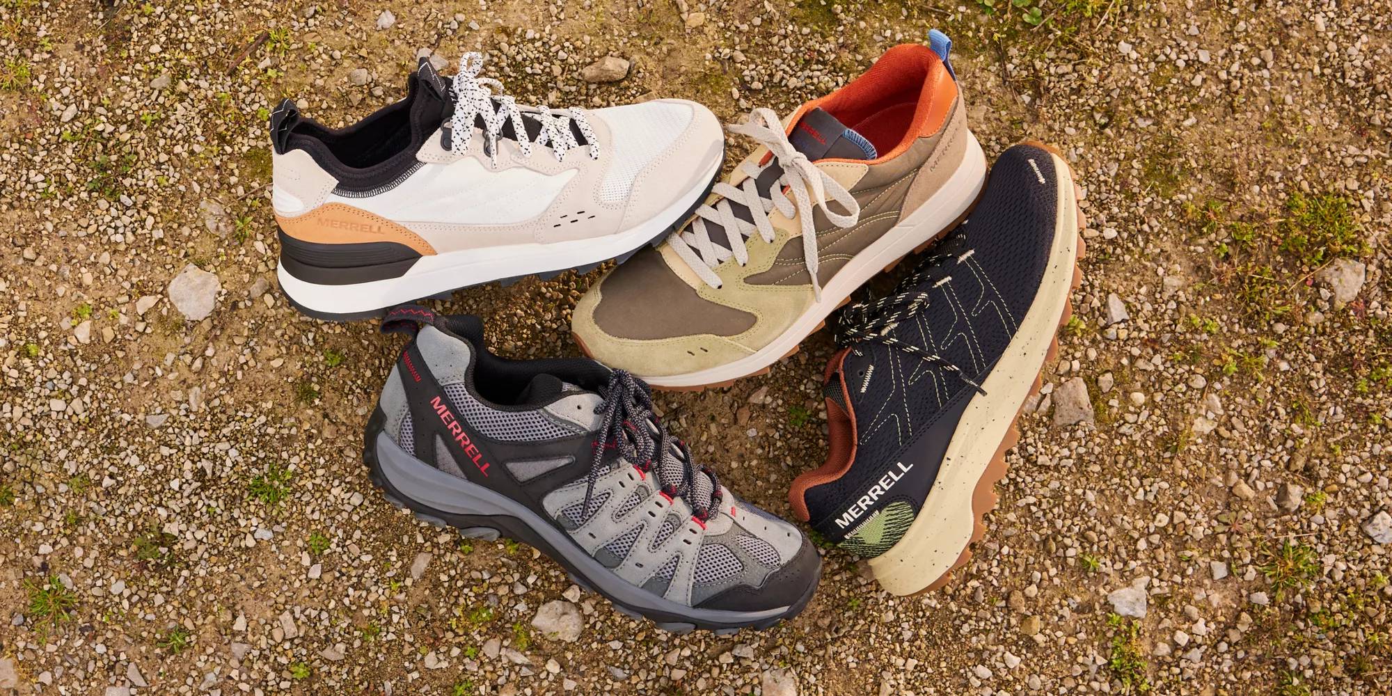 Various trail hiking and walking sneakers on an outdoor trail background