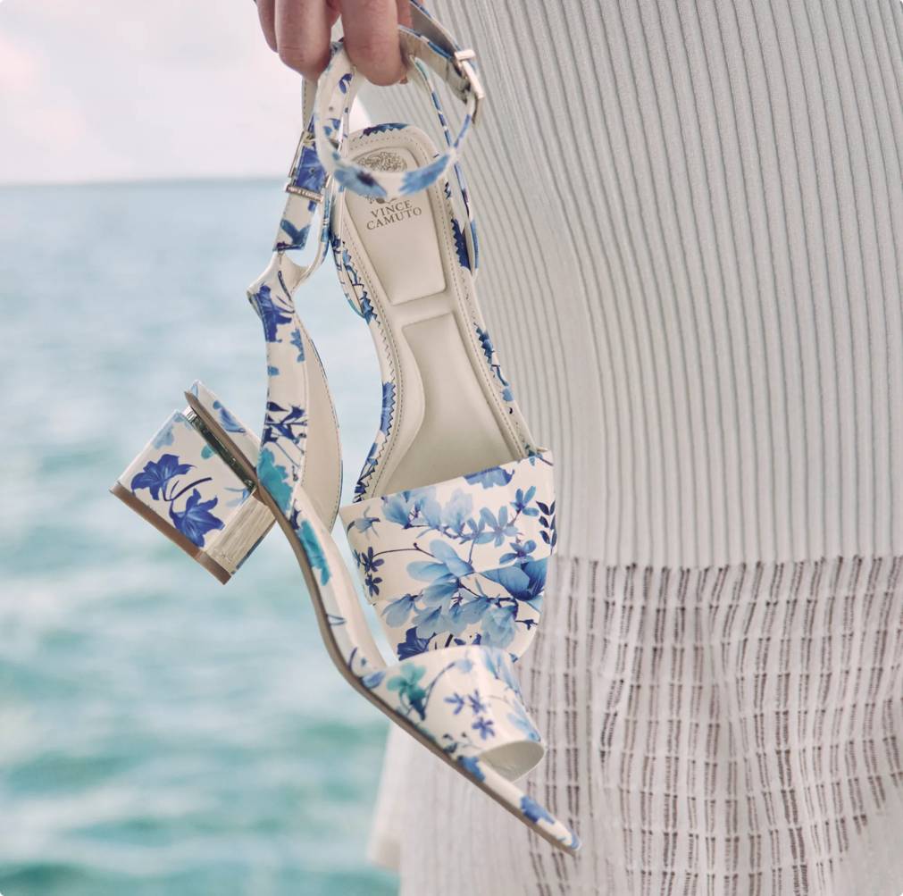 Featuring blue floral sandals with a block heel.