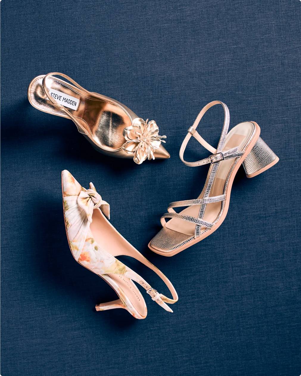 Featuring an assortment of metallic heel styles.