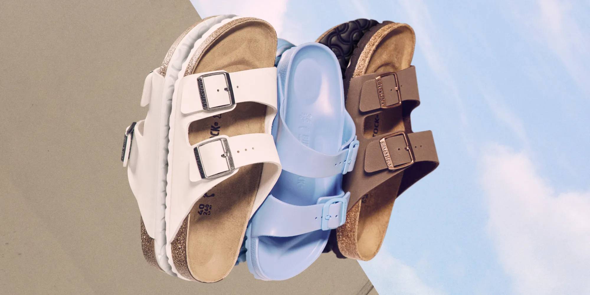 Featuring an assortment of Birkenstock sandals.