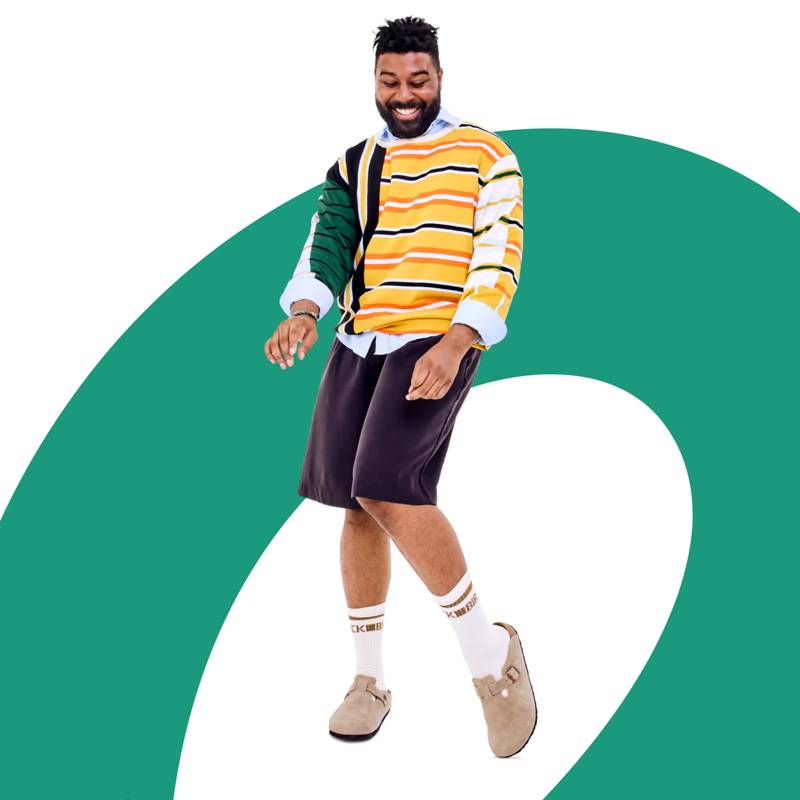 Featuring male model wearing the Arizona slide sandal by Birkenstock.