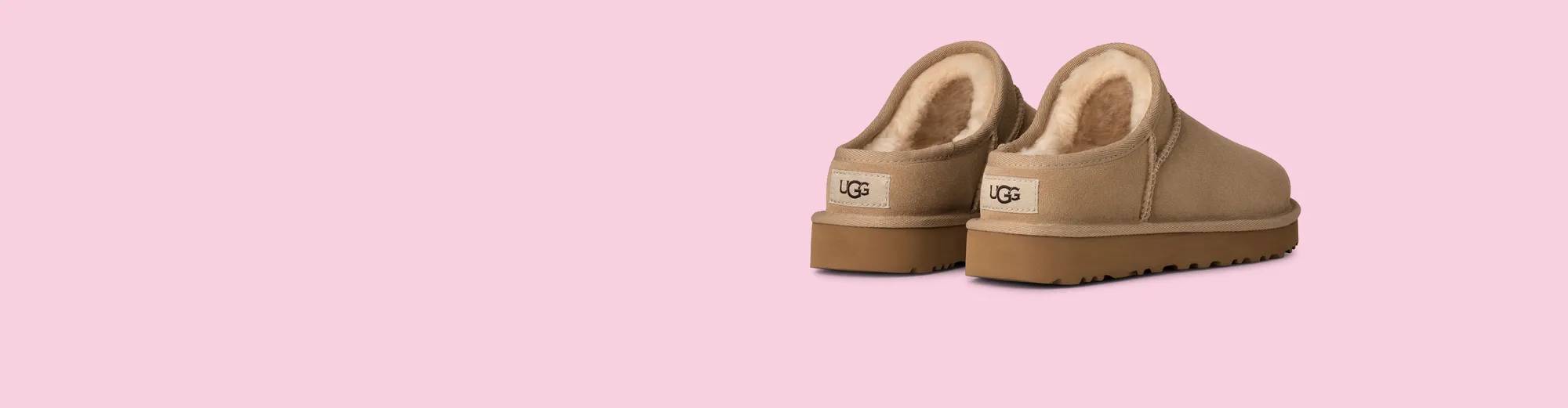 Featuring a pair of UGG slippers.