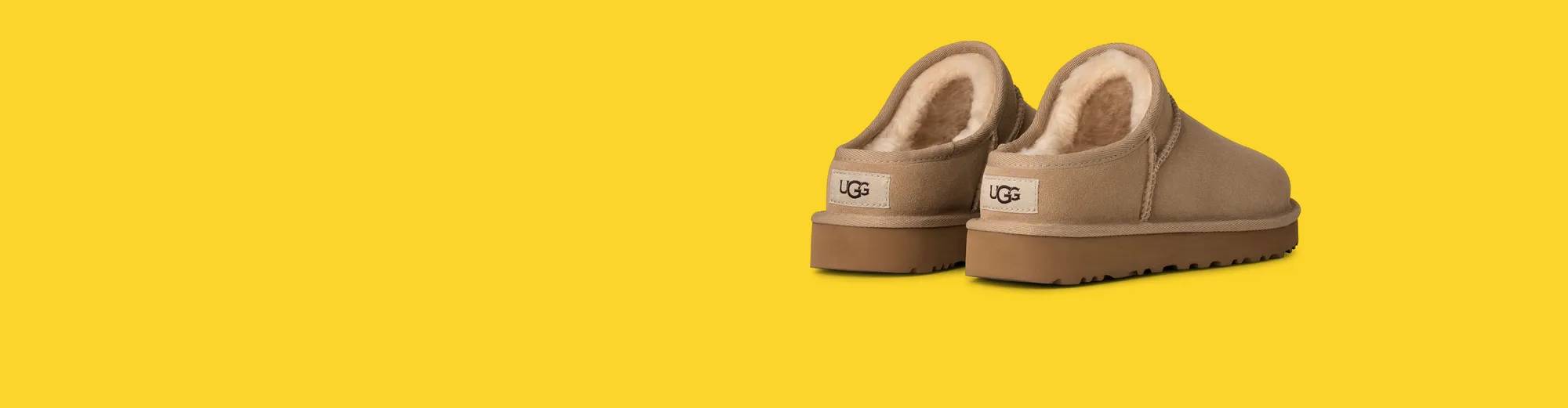 Featuring a pair of UGG slippers.
