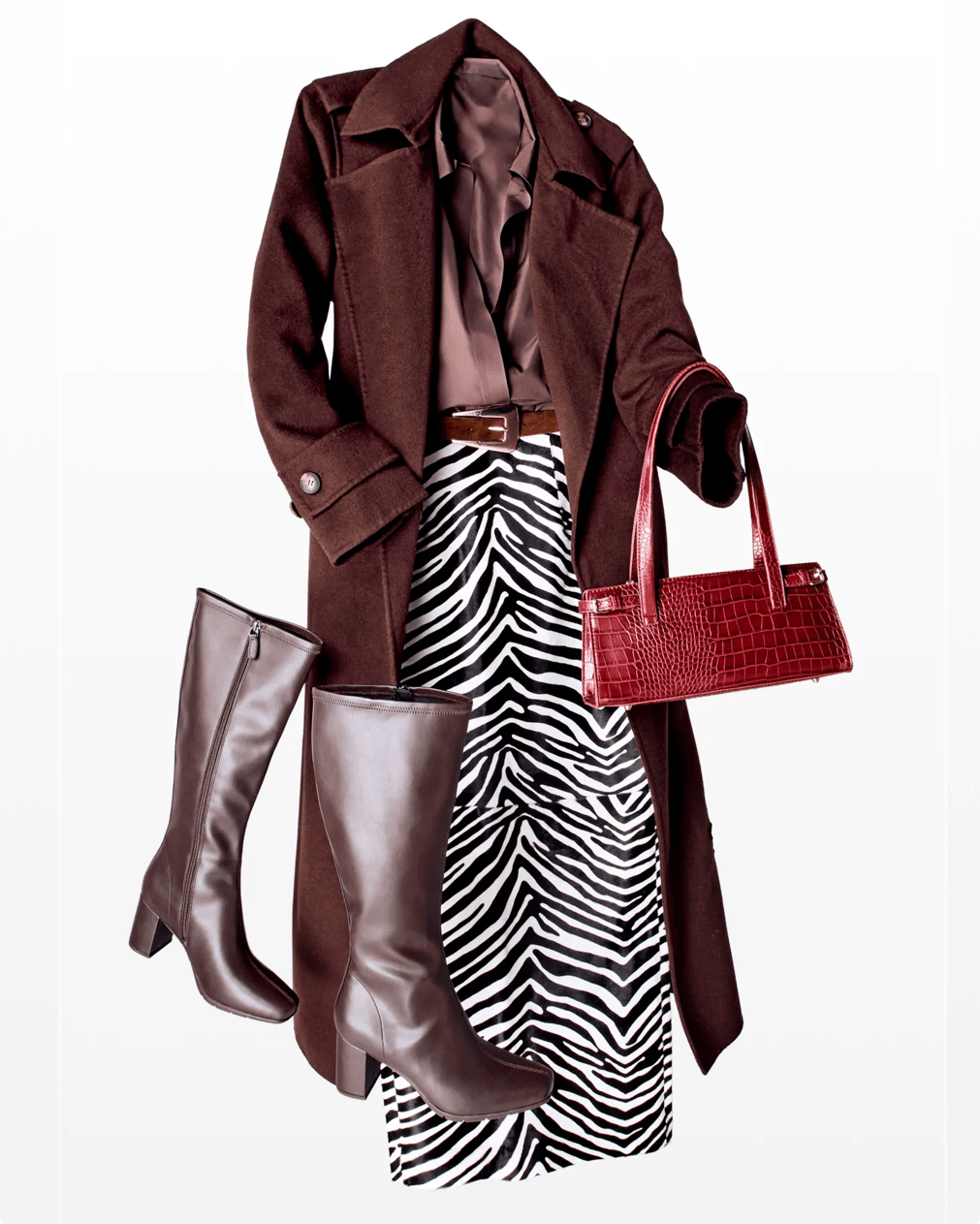 Flatly of women's brown outfit including a chocolate brown trench coat, brown satin button down, a zebra print slip skirt, brown belt, and tall brown boots by LifeStride 601680.